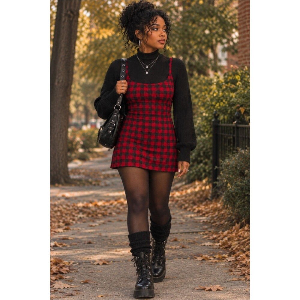 Buffalo Plaid Cami Dress S/4 Mini Spaghetti Straps Gingham 90s Grunge Whimsigoth